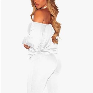 Womens Solid Color 2 Piece Outfits Fall Boat Neck Pullover Top Long Pants Set